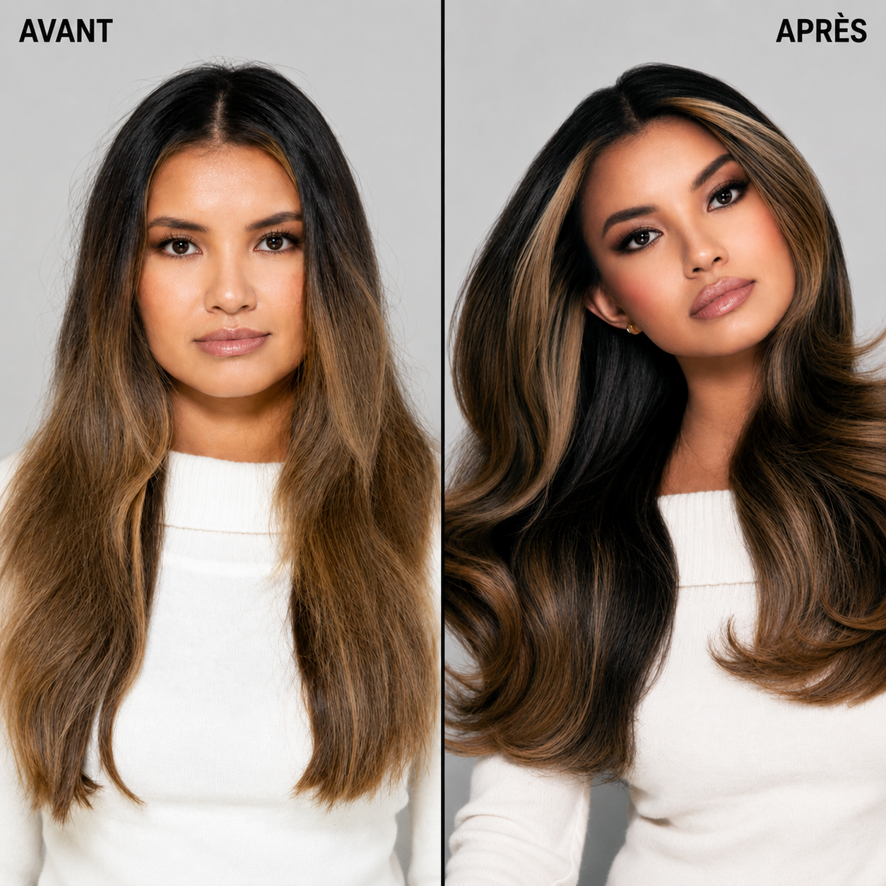 Avant et apr&egrave;s : une transformation capillaire pour des cheveux lisses et volumineux.